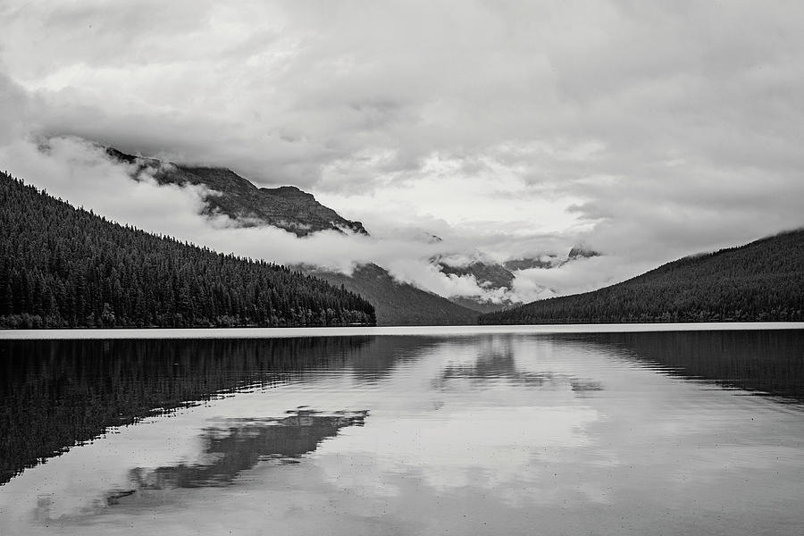 Black And White Image Of Bowman Lake, Montana Surrounded By Mountains ...
