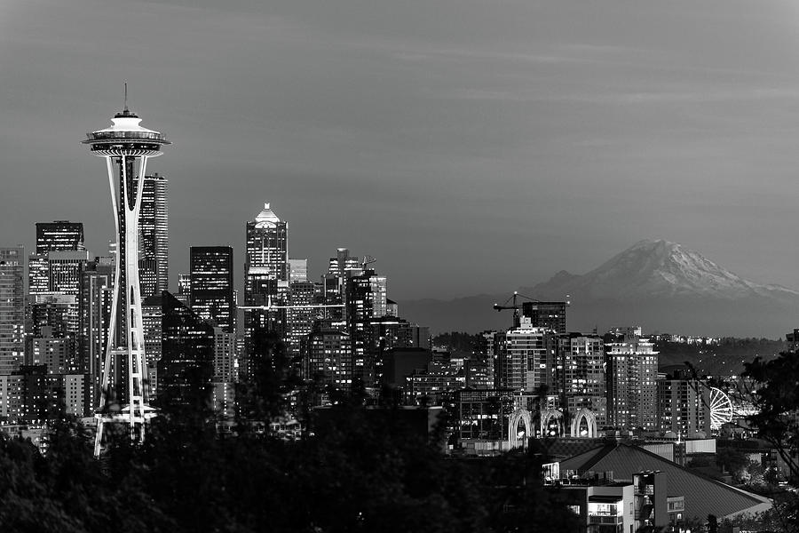 Black And White Image Of The Skyline Of The City Of Seattle With The Space Needle, Other Emblematic Photograph