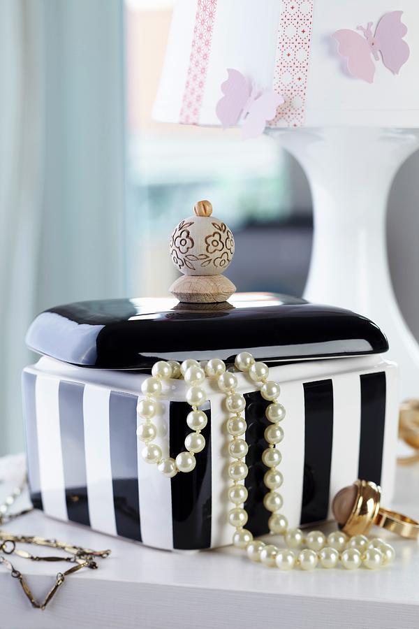 Black And White Jewellery Box With Handle Hand-made From Stacked Wooden Beads Photograph by Franziska Taube