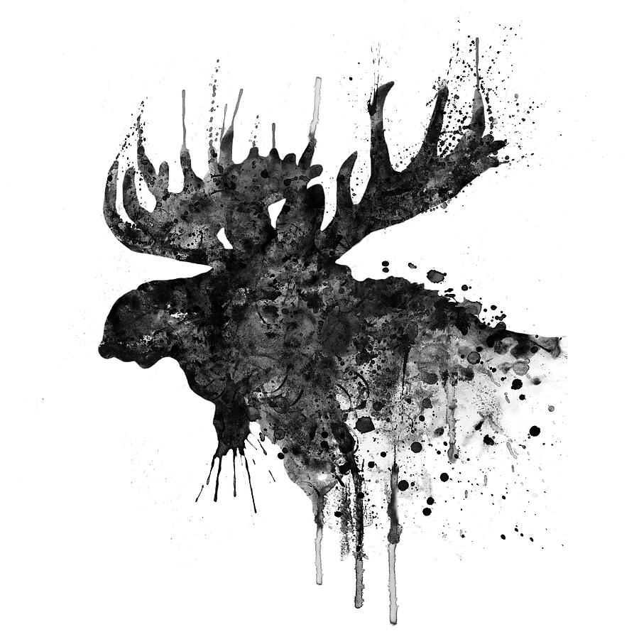 Black and White Moose Head Watercolor Silhouette  Painting by Marian Voicu