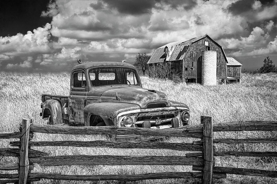 Black and White of Rusted International Harvester Pickup Truck in a Rural Landscape Photograph by Randall Nyhof