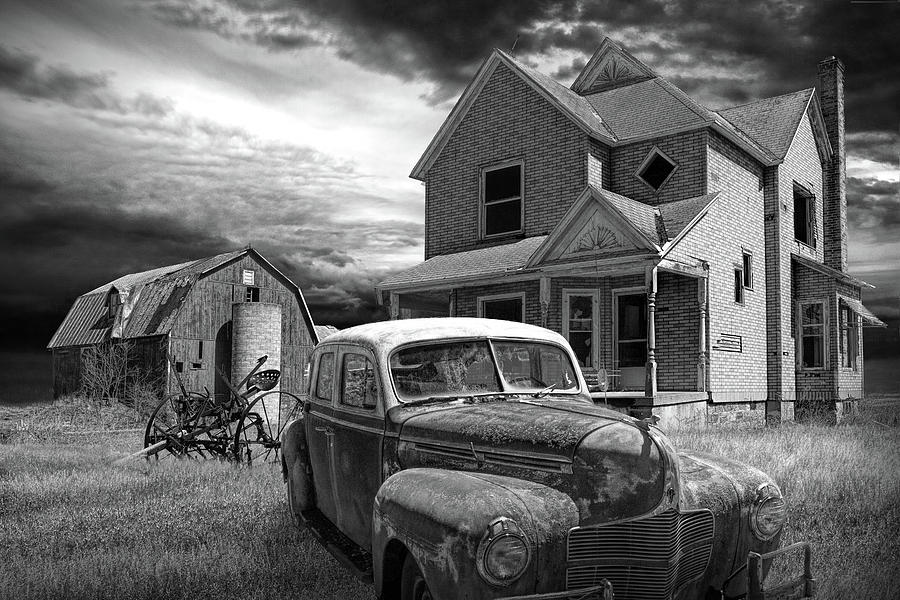 Black and White of Sun Setting on an Abandoned Small Farm with Old Automobile Photograph by Randall Nyhof