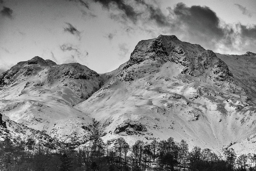 Black and White Photo of the Langdale Pikes in snow Photograph by Mark Hunter