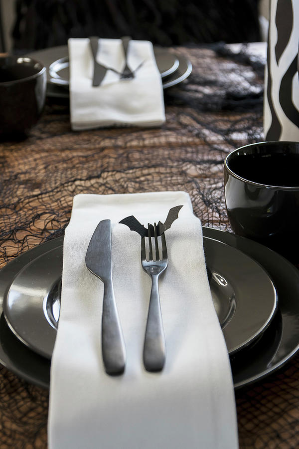 Black And White Place Setting For Halloween Photograph by Astrid Algermissen