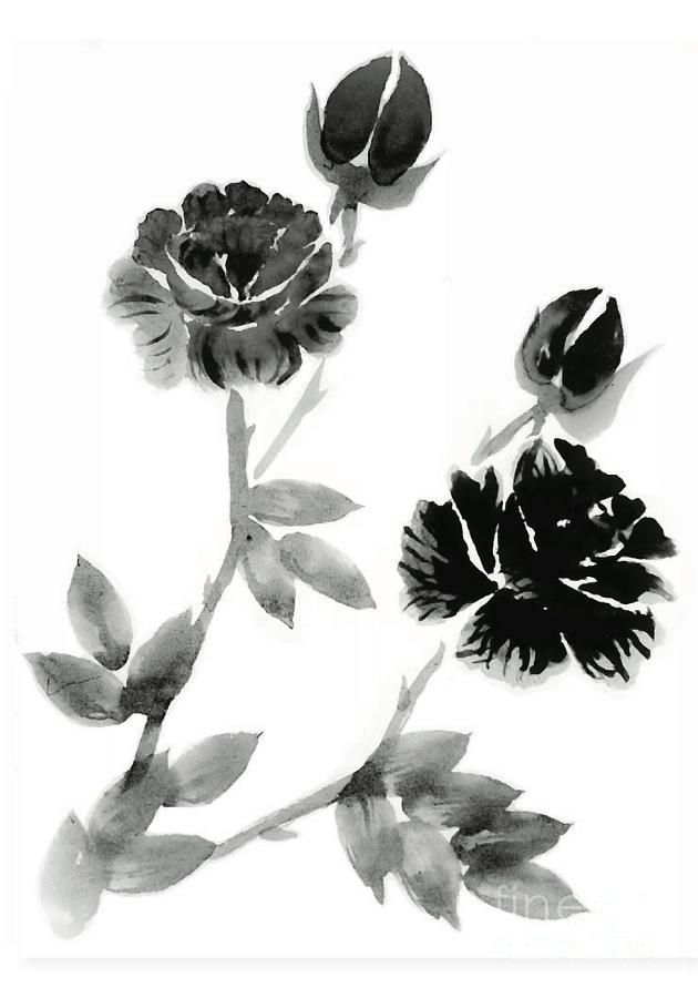 Black and White Rose Floral Painting by Delynn Addams