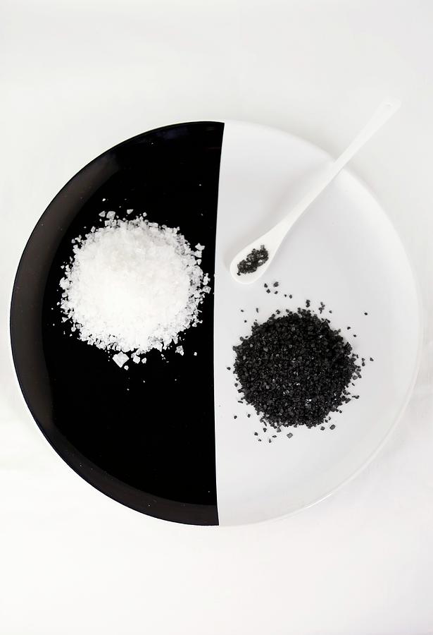 Black And White Salt On A Black-and-white Plate With A Spoon Photograph by Viola Cajo