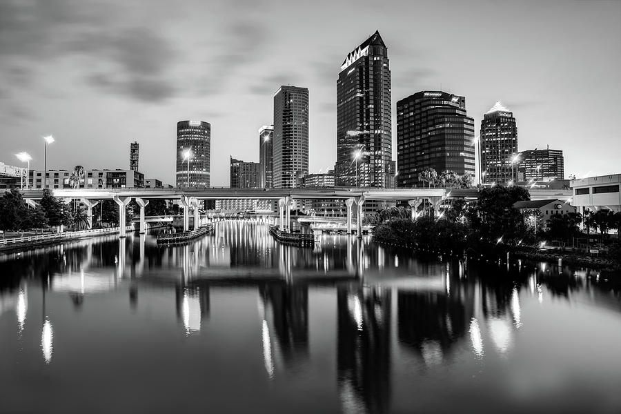 Tampa Skyline Photograph - Black and White Tampa Florida Skyline Reflections by Gregory Ballos