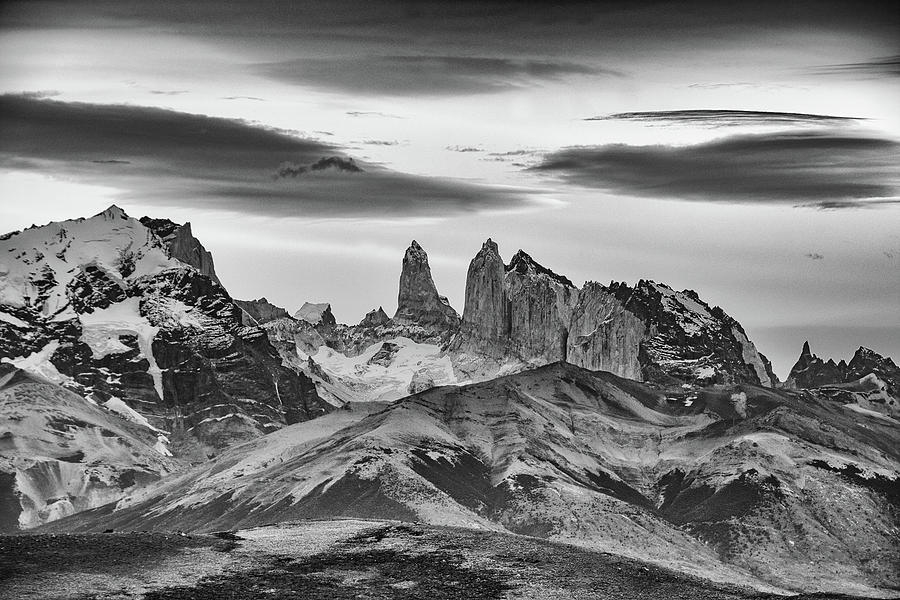 Black and White Torres del Paine Photograph by Mark Hunter