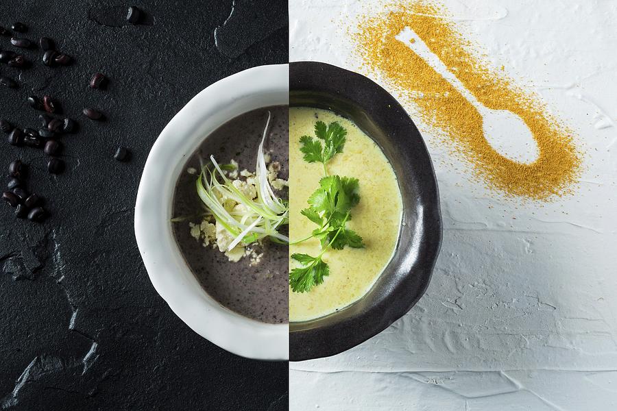 Black Bean Soup, And Mango And Ginger Soup Photograph by Great Stock!