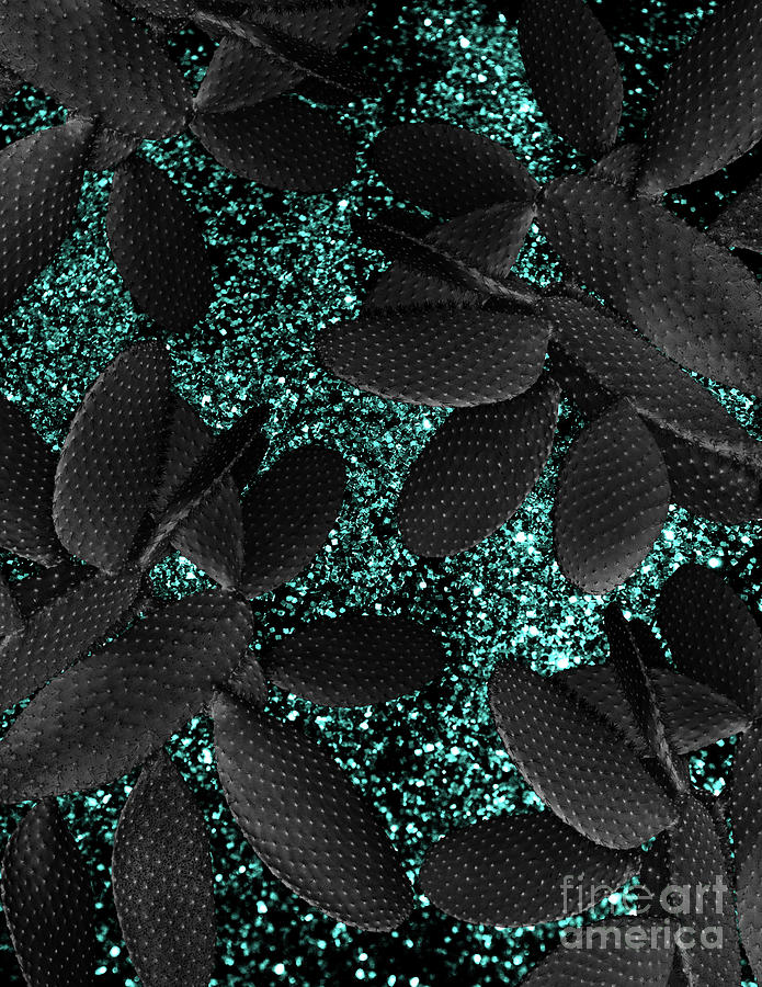 Nature Mixed Media - Black Cacti on Aqua Blue Glitter #1 #shiny #decor #art by Anitas and Bellas Art