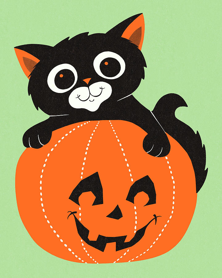Fall Drawing - Black Cat and Halloween Pumpkin by CSA Images