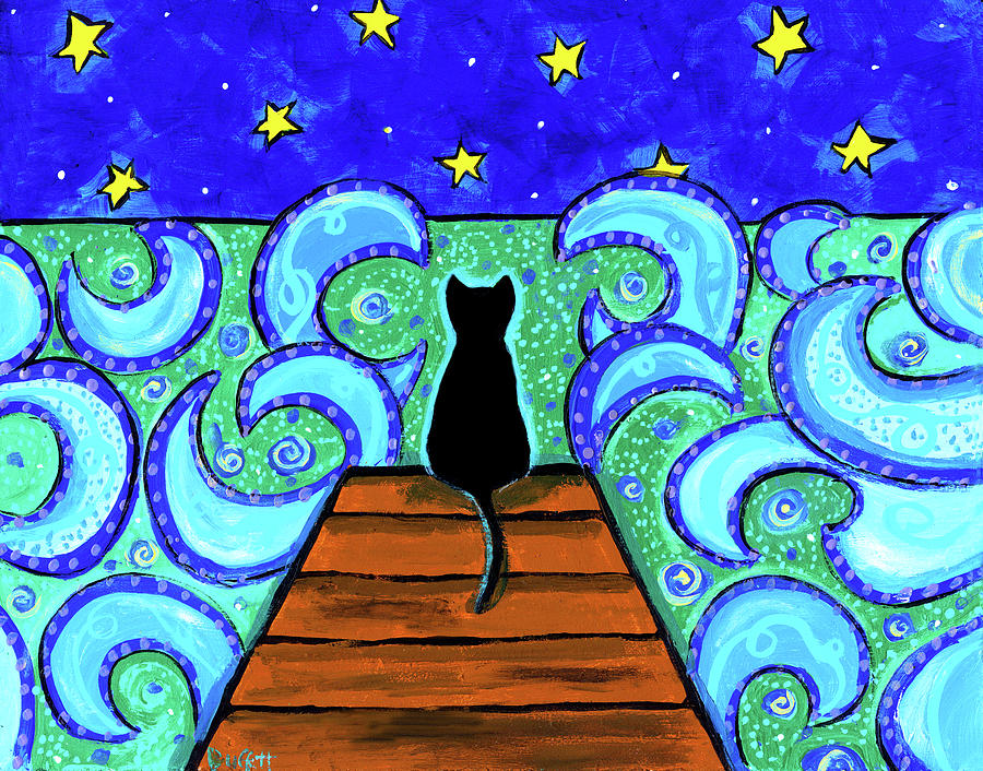 Cat Painting - Black Cat Dock Stars by Shelagh Duffett