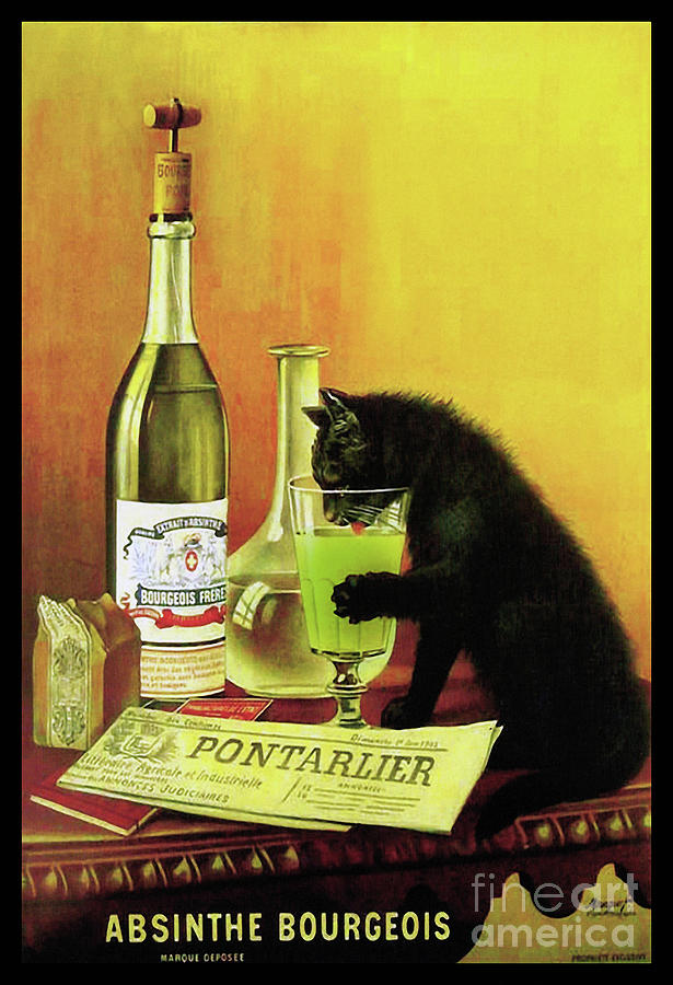 Black cat drinking Absinthe vintage advert Painting by Tina Lavoie