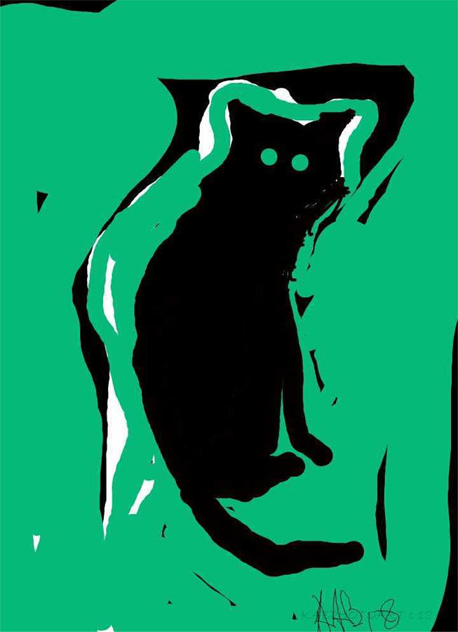 Black Cat Green Drawing by Kathy Barney