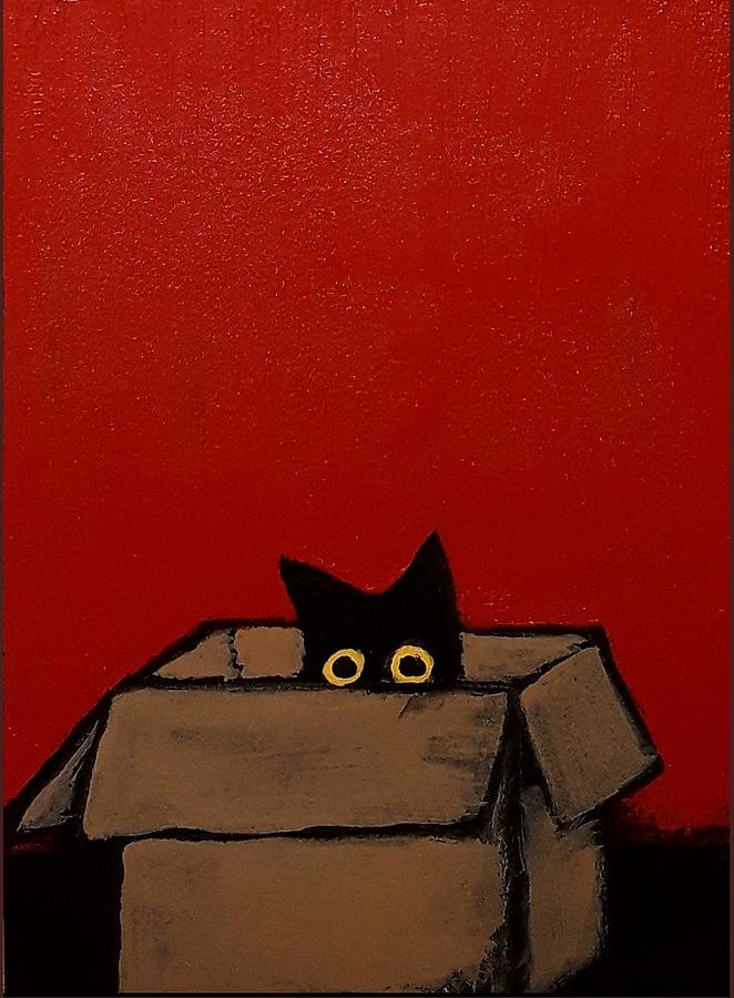 Black cat in Cardboard box Painting by Sherry Rusinack