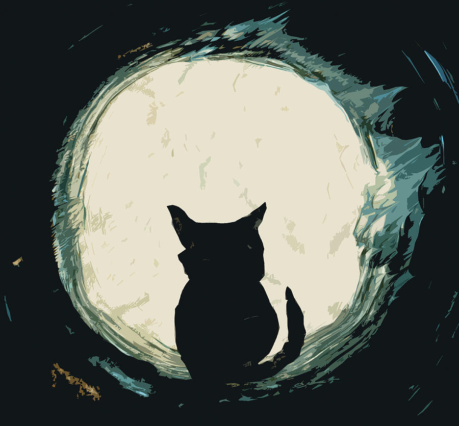 Halloween Mixed Media - Black Cat Looking At  The Moon by Wolf Heart Illustrations