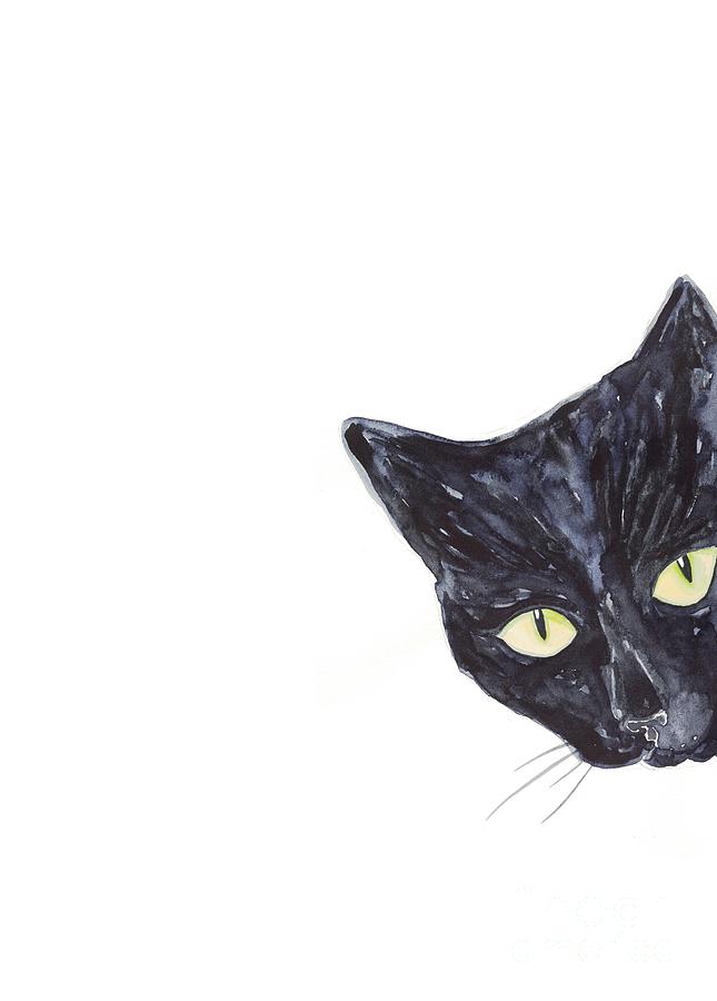 Black Cat Peeking Watercolor Art Painting By Maryna Salagub