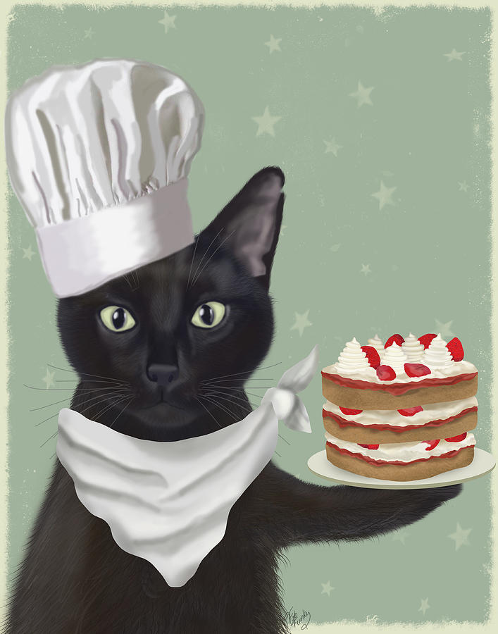 Cat Painting - Black Cat Strawberry Cake by Fab Funky