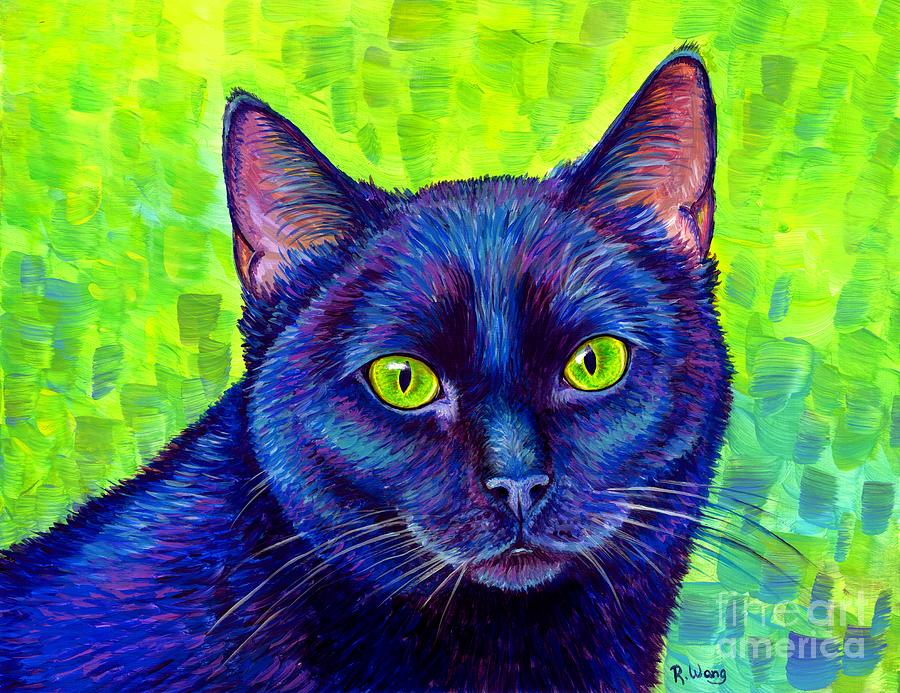 Black Cat with Chartreuse Eyes Painting by Rebecca Wang