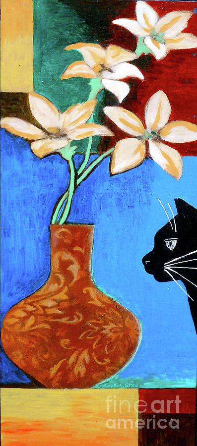 Black Cat With Vase Of Flowers Painting by Genevieve Esson