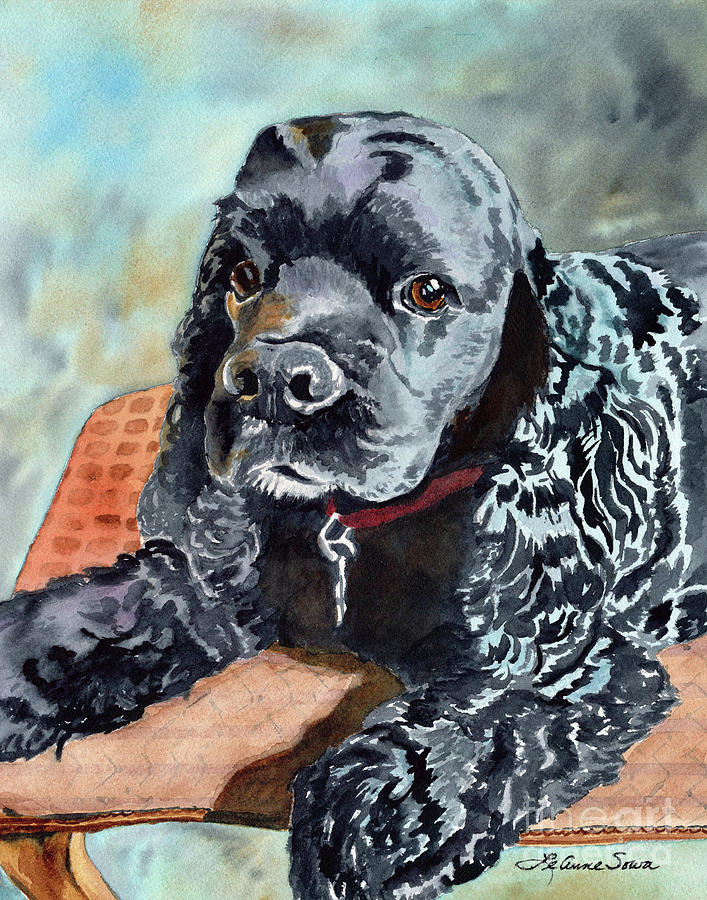 Black Cocker Spaniel, Dog Portrait, Puppy, Watercolor,  Painting by LeAnne Sowa
