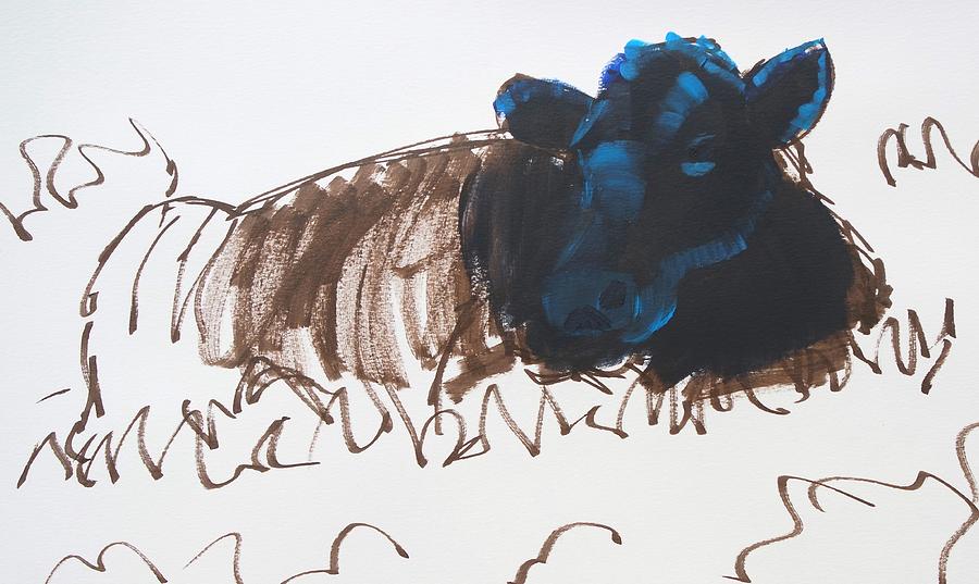 Black cow lying down sketch Painting by Mike Jory