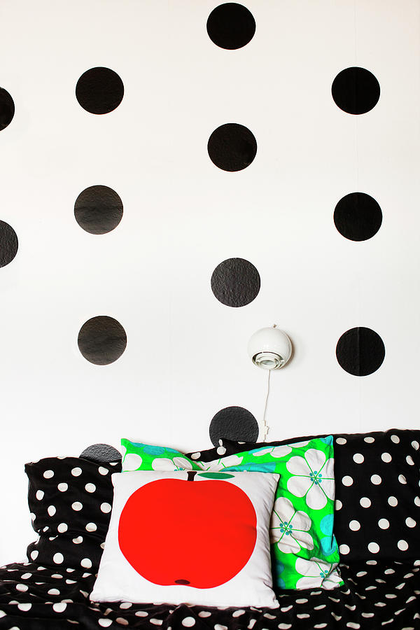 Black, Diy, Polka-dot Stickers On White Wall Above Sofa Photograph by Lina stling