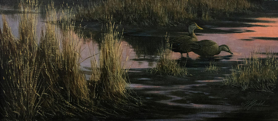 Bird Painting - Black Ducks At Dusk by Wilhelm Goebel