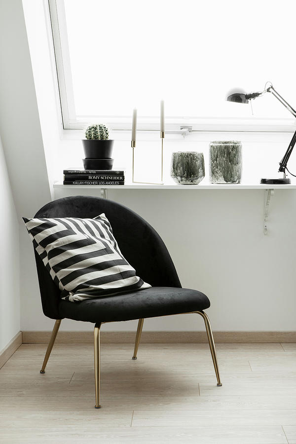 Black Easy Chair With Black-and-white Scatter Cushion Next To Window Photograph by Hej.hem Interior
