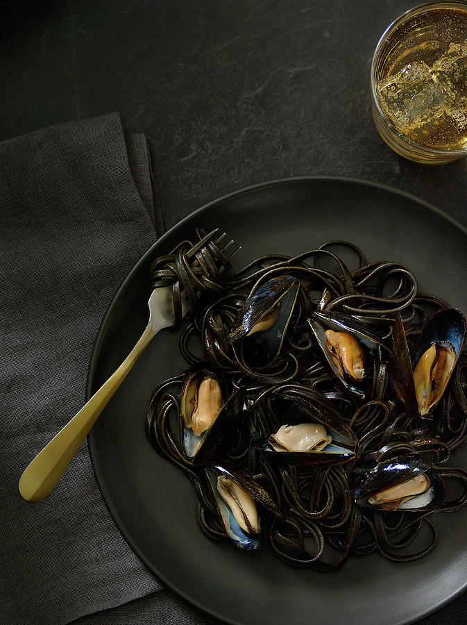 Black Food: Sepia Pasta With Mussels seen From Above Photograph by Janellephoto