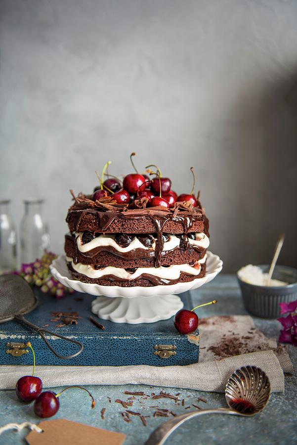 Black Forest Gateau On A Cake Stand With Dark Chocolate And Cherries Photograph by Magdalena Hendey