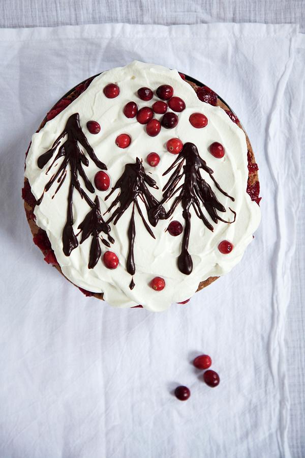 Black Forest Gateau With Cranberries For Christmas Photograph by Julia Cawley