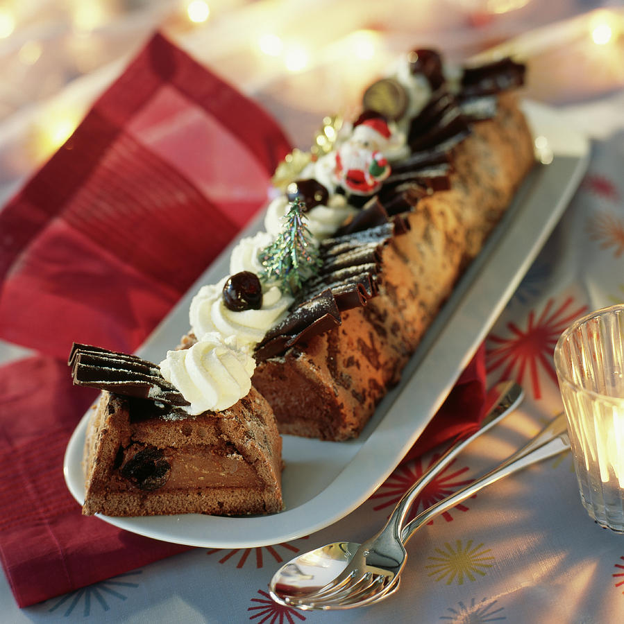 Black Forest-style Christmas Log Cake Photograph by Desgrieux