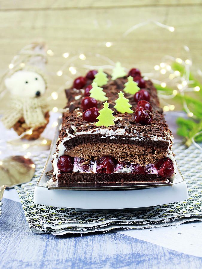Black Forest-style Christmas Log Cake Photograph by Jubault