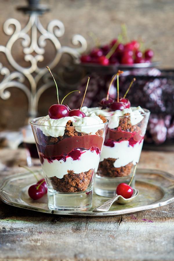 Black Forest Trifle With Chocolate Sponge, Chocolate & Vanilla Cream And Cherries Photograph by Irina Meliukh