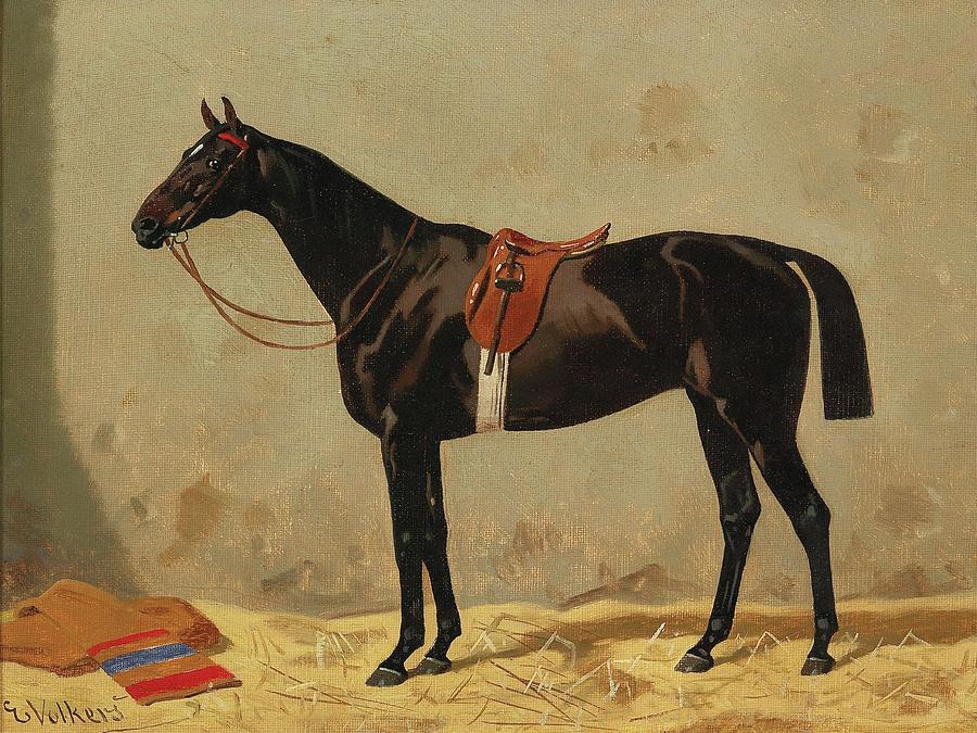 Horse Painting - Black Horse In The Stable by Emil Volkers