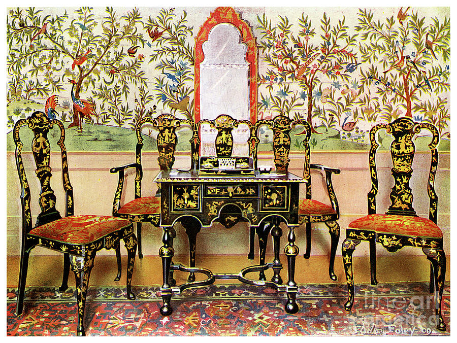 Black Lacquer Settee, Chairs And Table Drawing by Print Collector