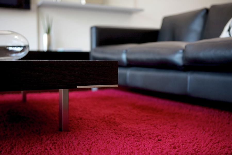 Black Leather Couch And Coffee Table With Metal Legs On Red Carpet Photograph by Trudy Kelder