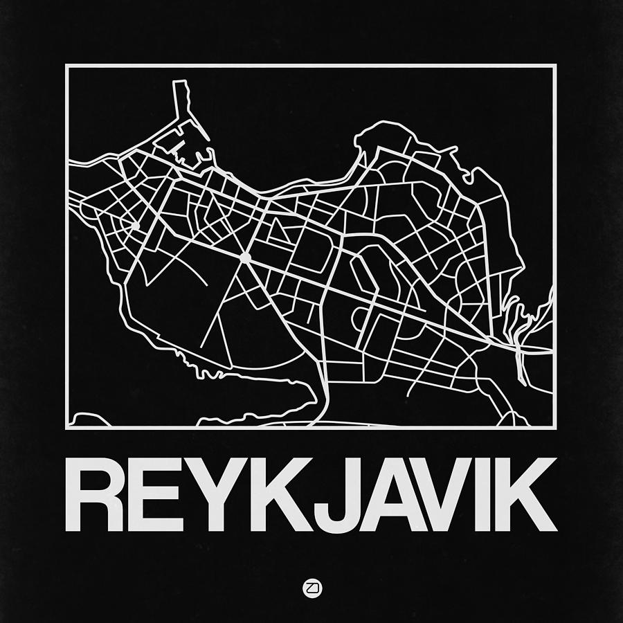 European Cities Digital Art - Black Map of Reykjavik by Naxart Studio