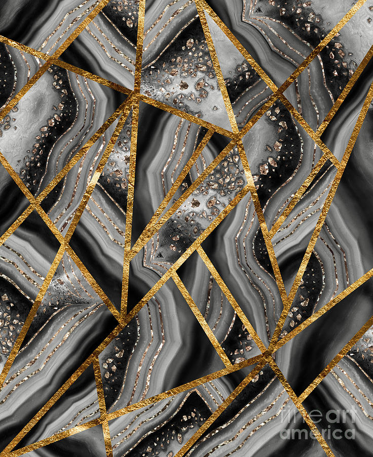 Abstract Digital Art - Black Night Agate Gold Geometric Glam #3 #geo #decor #art by Anitas and Bellas Art