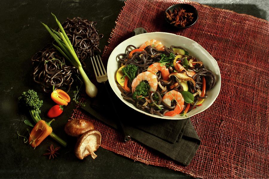 Black Noodles With Shrimps, Chili, Mushrooms And Vegetables asia Photograph by Robert Dodds