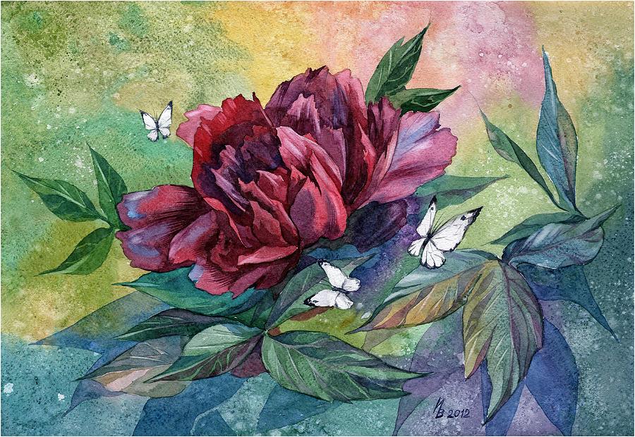 Black Peony Flower and Butterflies Painting by Ina Petrashkevich