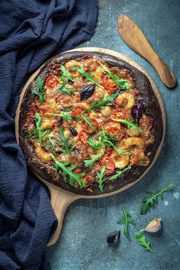 Black Pizza With Shrimp And Scallop Photograph by Andrey Maslakov