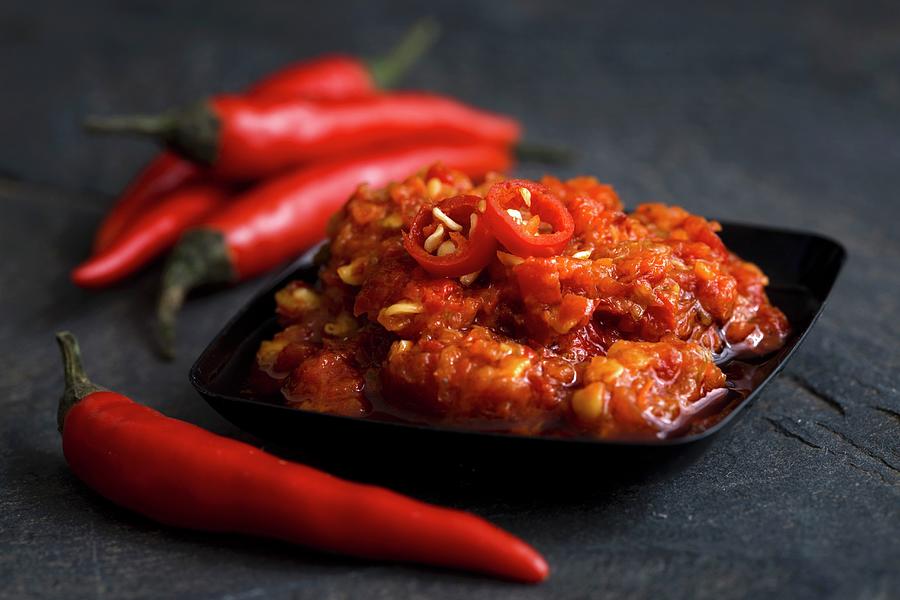 Black Plastic Dish With Chilli Paste In Olive Oil With Fresh Whole Birds-eye Chillies Photograph by Etienne Voss
