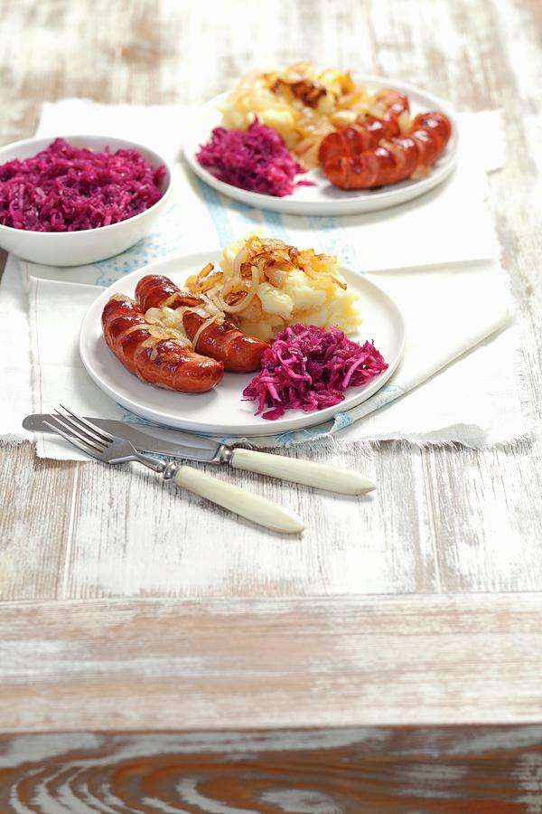 Black Pudding With Onions, Mashed Potatoes And Red Cabbage Salad Photograph by Rua Castilho