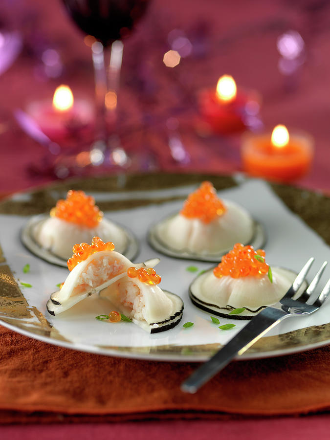 Black Radish Raviolis Stuffed With Potted Shrimps Photograph by Rivire