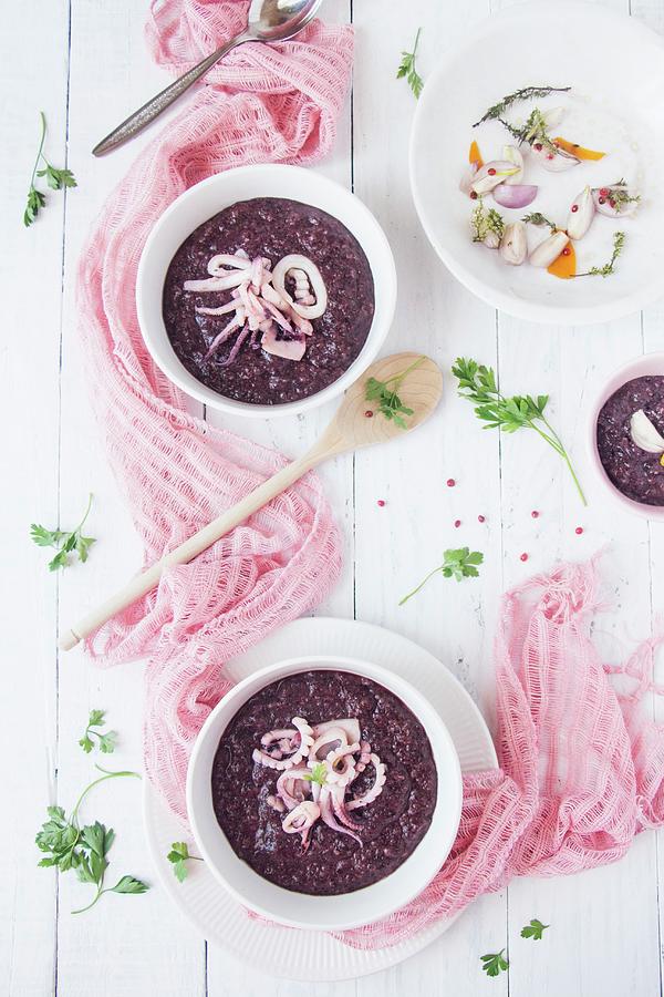 Black Rice With Seafood Photograph by Alice Del Re