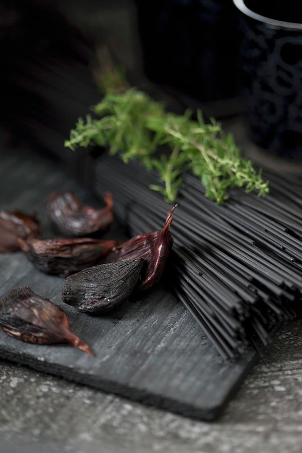 Black Spaghetti Coloured With Coal edible Coal From Japan, For Vegetarians, Rosemary And Black Garlic Photograph by Martina Schindler