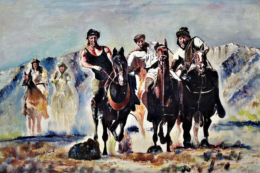 Black stallions Painting by Khalid Saeed