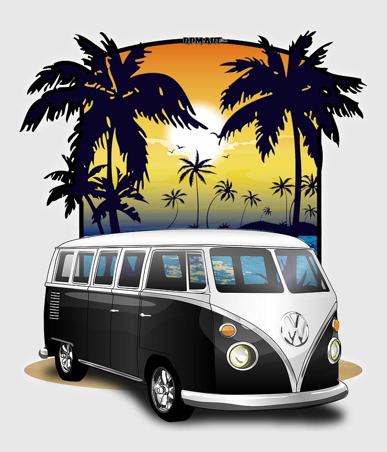 Vintage Digital Art - Black Volkswagen Type 2 Minibus California Beachin by Jim Schuett